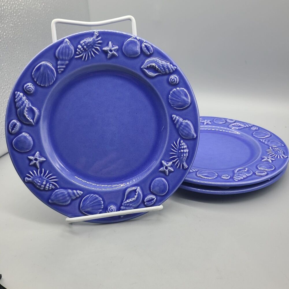 Varages Set (3) Blue Salad Plates 8.25" Embossed Sea Shells Costal France